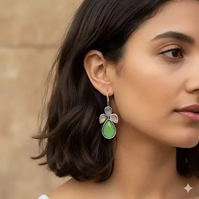 Green Stone German Silver Dangle Drop Earrings