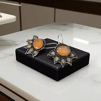 Elegant Silver Plated Drop Earrings with Amber & Smoky Quartz Stones