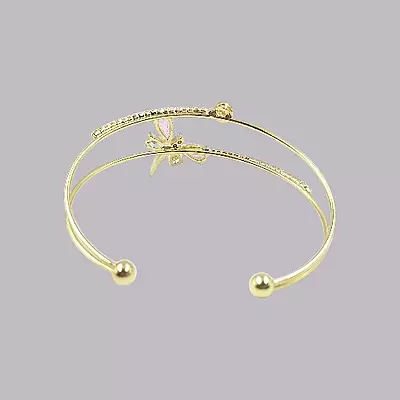 Elegant Pink Dragonfly Gold-Plated Double Cuff Bracelet with Zircon Stones