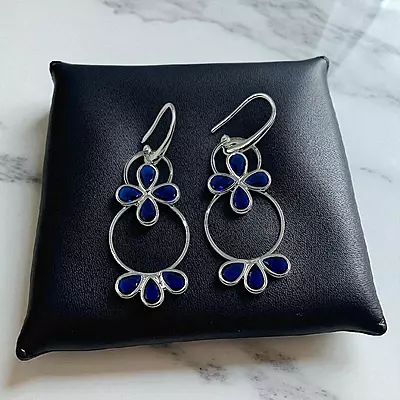 Navy Blue Floral Hoop Earrings - Silver-Toned Statement Dangle Earrings