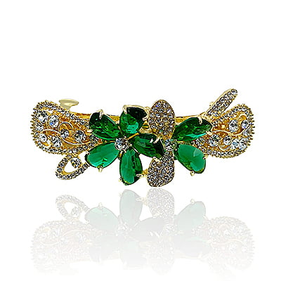 Party Wear Floral Stones & Beads Green Crystal French Barrette
