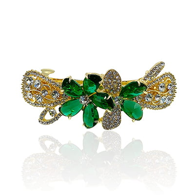 Party Wear Floral Stones & Beads Green Crystal French Barrette