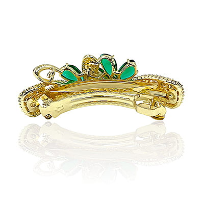 Party Wear Floral Stones & Beads Green Crystal French Barrette